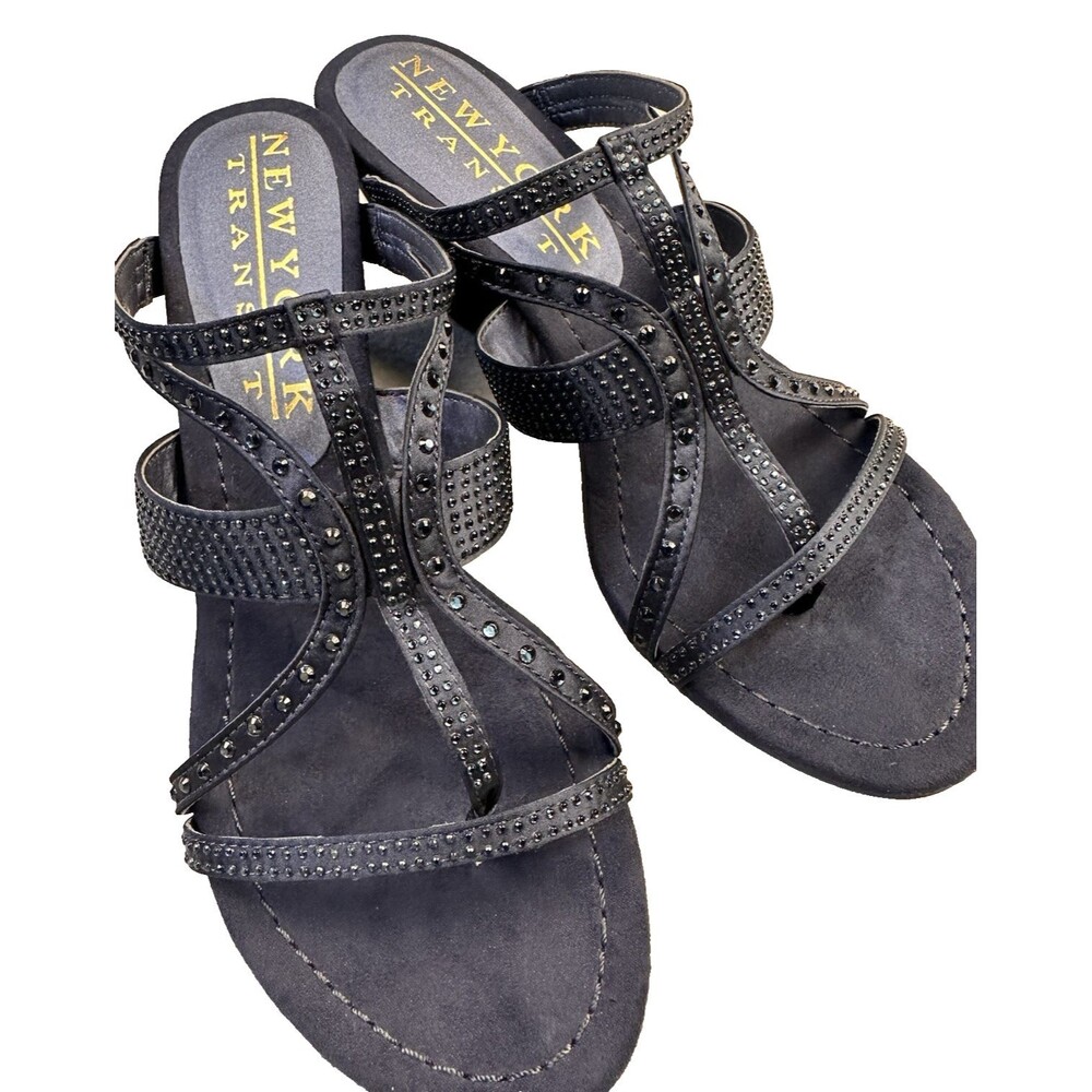 New York Transit Navy Satin Rhinestone Slip on Thong Wedge Sandal Size 7.5 NWOB
